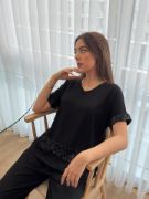 Kadın Kısa Kollu V Yakalı Pul Payetli Viskon Iki Iplik Bluz Ve Pantolon Ikili Takım resmi